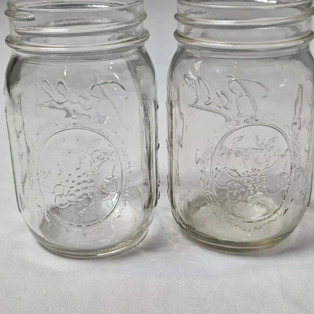 Ball Mason Jar 12oz Clear Embossed Fruit Harvest Glass Set of 2